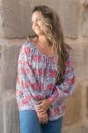 Womens, Senera blouse, long sleeve, 100% cotton, hand block print. In pink & grey Floria print.