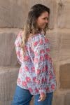 Womens, Senera blouse, long sleeve, 100% cotton, hand block print. In pink & grey Floria print.