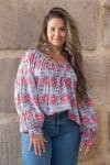 Womens, Senera blouse, long sleeve, 100% cotton, hand block print. In pink & grey Floria print.