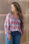 Womens, Senera blouse, long sleeve, 100% cotton, hand block print. In pink & grey Floria print.