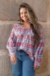Womens, Senera blouse, long sleeve, 100% cotton, hand block print. In pink & grey Floria print.