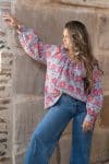 Womens, Senera blouse, long sleeve, 100% cotton, hand block print. In pink & grey Floria print.