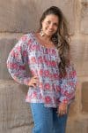 Womens, Senera blouse, long sleeve, 100% cotton, hand block print. In pink & grey Floria print.