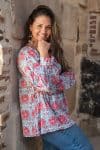 Womens, Senera blouse, long sleeve, 100% cotton, hand block print. In pink & grey Floria print.