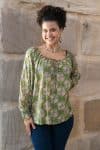 Womens, Senera blouse, long sleeve, 100% cotton, hand block print. In green & blue Edentree print.