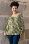 Womens, Senera blouse, long sleeve, 100% cotton, hand block print. In green & blue Edentree print.