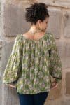 Womens, Senera blouse, long sleeve, 100% cotton, hand block print. In green & blue Edentree print.