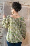 Womens, Senera blouse, long sleeve, 100% cotton, hand block print. In green & blue Edentree print.