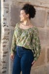 Womens, Senera blouse, long sleeve, 100% cotton, hand block print. In green & blue Edentree print.