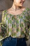 Womens, Senera blouse, long sleeve, 100% cotton, hand block print. In green & blue Edentree print.