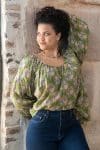 Womens, Senera blouse, long sleeve, 100% cotton, hand block print. In green & blue Edentree print.