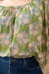 Womens, Senera blouse, long sleeve, 100% cotton, hand block print. In green & blue Edentree print.