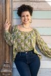 Womens, Senera blouse, long sleeve, 100% cotton, hand block print. In green & blue Edentree print.