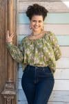 Womens, Senera blouse, long sleeve, 100% cotton, hand block print. In green & blue Edentree print.