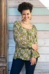 Womens, Senera blouse, long sleeve, 100% cotton, hand block print. In green & blue Edentree print.