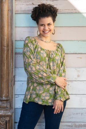 Womens, Senera blouse, long sleeve, 100% cotton, hand block print. In green & blue Edentree print.