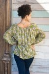 Womens, Senera blouse, long sleeve, 100% cotton, hand block print. In green & blue Edentree print.