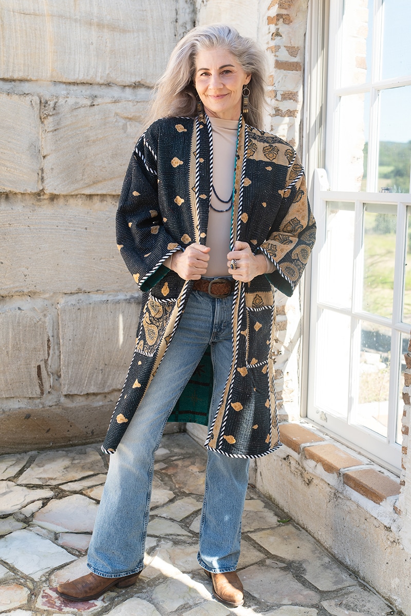 Womens, Kantha Dust Coat, reversible, handmade from 100% cotton recycled Vintage fabrics, in Aziel
