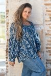 Womens, Senera blouse, long sleeve, 100% cotton, hand block print. In natural Indigo Suri print.