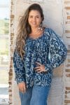 Womens, Senera blouse, long sleeve, 100% cotton, hand block print. In natural Indigo Suri print.