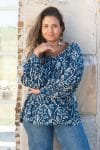 Womens, Senera blouse, long sleeve, 100% cotton, hand block print. In natural Indigo Suri print.
