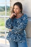 Womens, Senera blouse, long sleeve, 100% cotton, hand block print. In natural Indigo Suri print.