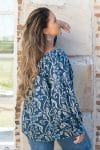 Womens, Senera blouse, long sleeve, 100% cotton, hand block print. In natural Indigo Suri print.