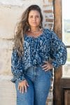 Womens, Senera blouse, long sleeve, 100% cotton, hand block print. In natural Indigo Suri print.