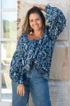 Womens, Senera blouse, long sleeve, 100% cotton, hand block print. In natural Indigo Suri print.