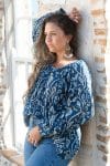 Womens, Senera blouse, long sleeve, 100% cotton, hand block print. In natural Indigo Suri print.
