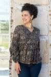 Womens, Indira blouse, long sleeve, 100% cotton, hand block print. In natural Kassis Mehndi print.