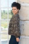 Womens, Indira blouse, long sleeve, 100% cotton, hand block print. In natural Kassis Mehndi print.