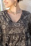 Womens, Indira blouse, long sleeve, 100% cotton, hand block print. In natural Kassis Mehndi print.