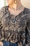 Womens, Indira blouse, long sleeve, 100% cotton, hand block print. In natural Kassis Mehndi print.