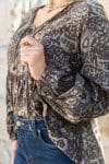 Womens, Indira blouse, long sleeve, 100% cotton, hand block print. In natural Kassis Mehndi print.