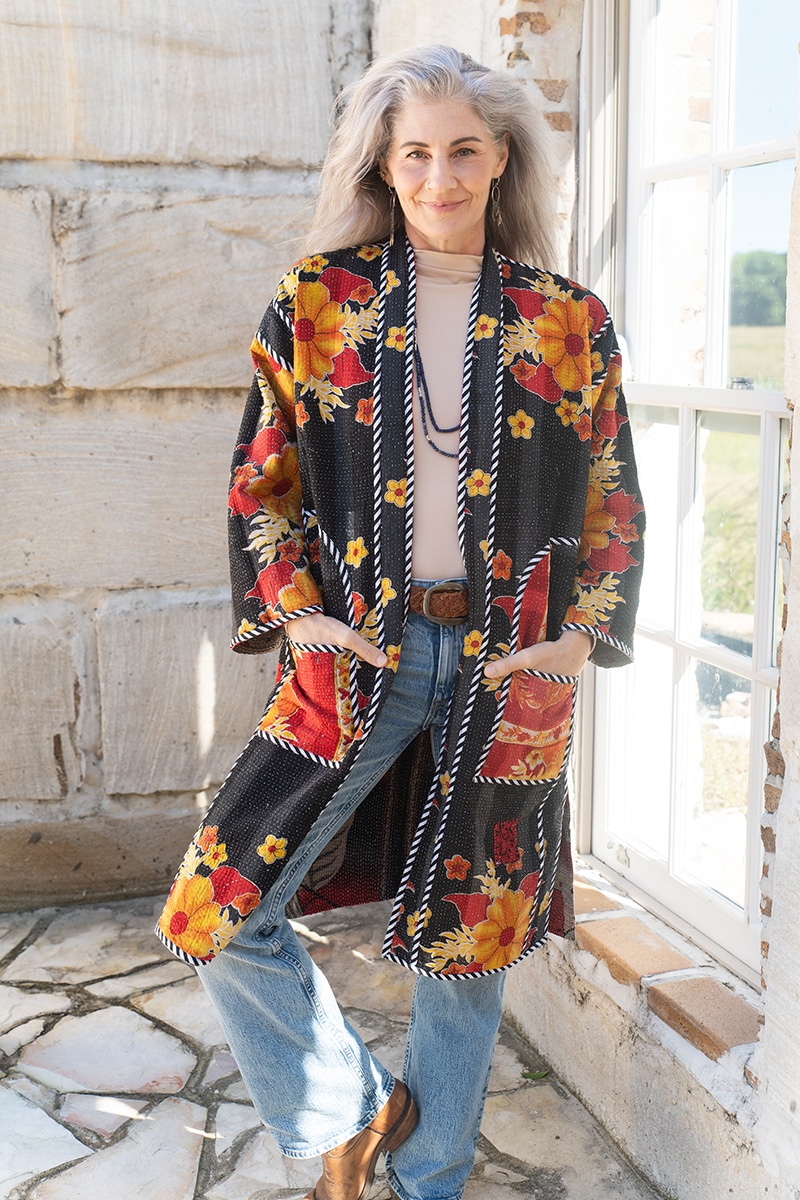 Womens, Kantha Dust Coat, reversible, handmade from 100% cotton recycled Vintage fabrics, in Tavi