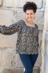 Womens, Senera blouse, long sleeve, 100% cotton, hand block print. In natural Kassis Suri print.