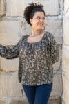 Womens, Senera blouse, long sleeve, 100% cotton, hand block print. In natural Kassis Suri print.