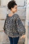 Womens, Senera blouse, long sleeve, 100% cotton, hand block print. In natural Kassis Suri print.