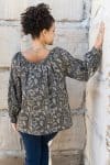 Womens, Senera blouse, long sleeve, 100% cotton, hand block print. In natural Kassis Suri print.