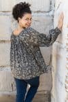 Womens, Senera blouse, long sleeve, 100% cotton, hand block print. In natural Kassis Suri print.