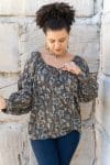Womens, Senera blouse, long sleeve, 100% cotton, hand block print. In natural Kassis Suri print.