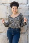 Womens, Senera blouse, long sleeve, 100% cotton, hand block print. In natural Kassis Suri print.