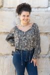 Womens, Senera blouse, long sleeve, 100% cotton, hand block print. In natural Kassis Suri print.