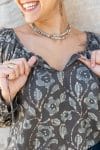 Womens, Senera blouse, long sleeve, 100% cotton, hand block print. In natural Kassis Suri print.