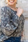 Womens, Senera blouse, long sleeve, 100% cotton, hand block print. In natural Kassis Suri print.