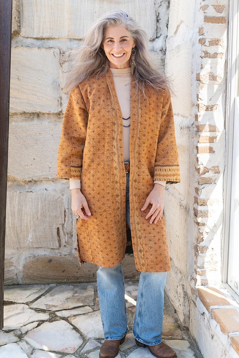 Womens, Kantha Dust Coat, reversible, handmade from 100% cotton recycled Vintage fabrics, in Amba