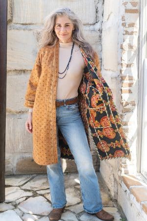 Womens, Kantha Dust Coat, reversible, handmade from 100% cotton recycled Vintage fabrics, in Amba
