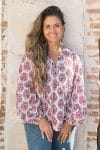 Womens, Indira blouse, long sleeve, 100% cotton, hand block print. In pink floral Parisa print.