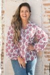 Womens, Indira blouse, long sleeve, 100% cotton, hand block print. In pink floral Parisa print.